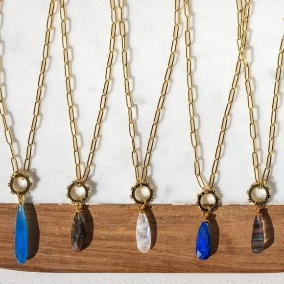 Beautiful Necklace Gemstone Pendant Gold Paperclip Chain Moonstone Labradorite - Picture 2 of 12